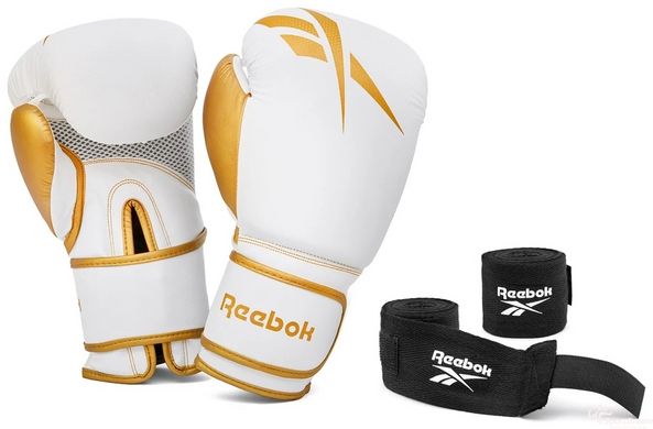 Набір боксерських рукавичок і бинтів Reebok Boxing Gloves & Wraps Set білий, золото Чол 12 унцій