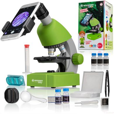 Мікроскоп Bresser Junior 40x-640x Green з набором для дослідів та адаптером для смартфона (8851300B4K000)